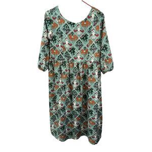 Anouk by Myntra Dress L Green Boho Cottagecore 3/4 Sleeve Midi Pockets Tie Back
